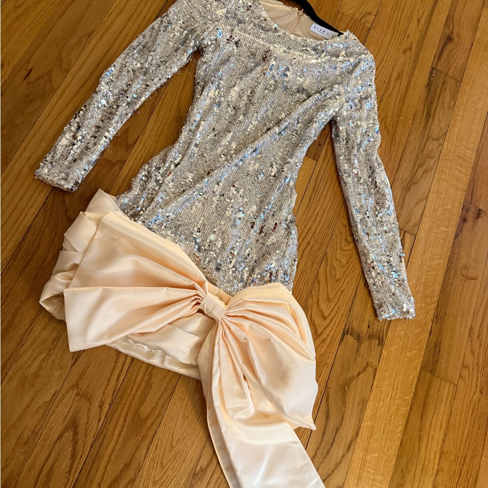 Club L London Silver Sequin Dress with Cream Bow